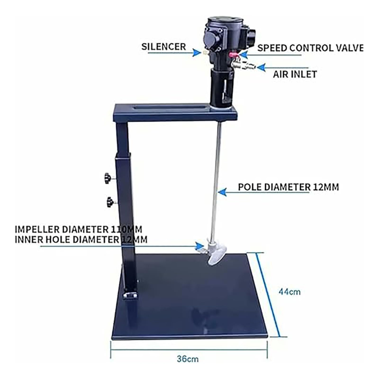 Batidora neumática de soporte 20L, velocidad ajustable 1500-3000r/min, elevación de 90 cm, acero inoxidable 3 impulsores para mezcla de pintura y resina