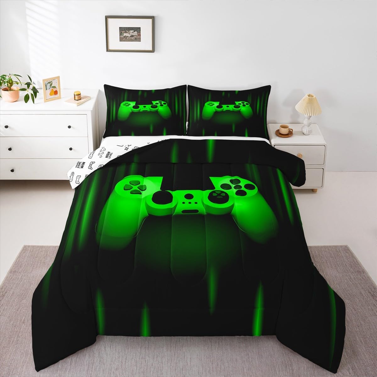Feelyou Boys Gamer Comforter Set Twin Size Bedding Set for Kids Gaming Comforter Green Black Video Games Gamepad Room Decor for Teens Child Super Soft Geometric Duvet Quilted Son Grandson Gift