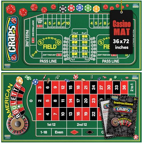 Gamie Double Sided Felt Roulette and Craps Table Mat 36 x 72 Casino Games for Poker Night Party Casino Gift for Adults Stocking Stuffers 2-in-1 Professional Grade Game with Instructions Booklet