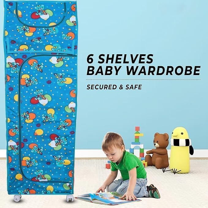 Image of YouCopia Baby Wardrobe Plastic Kids Storage Rack with Fabric Cover & Wheels | 6-Tier Plastic Shelves Organizer | Toy, Book & piceLiner Spice Drawer Liner, Kids Room (Firozi)
