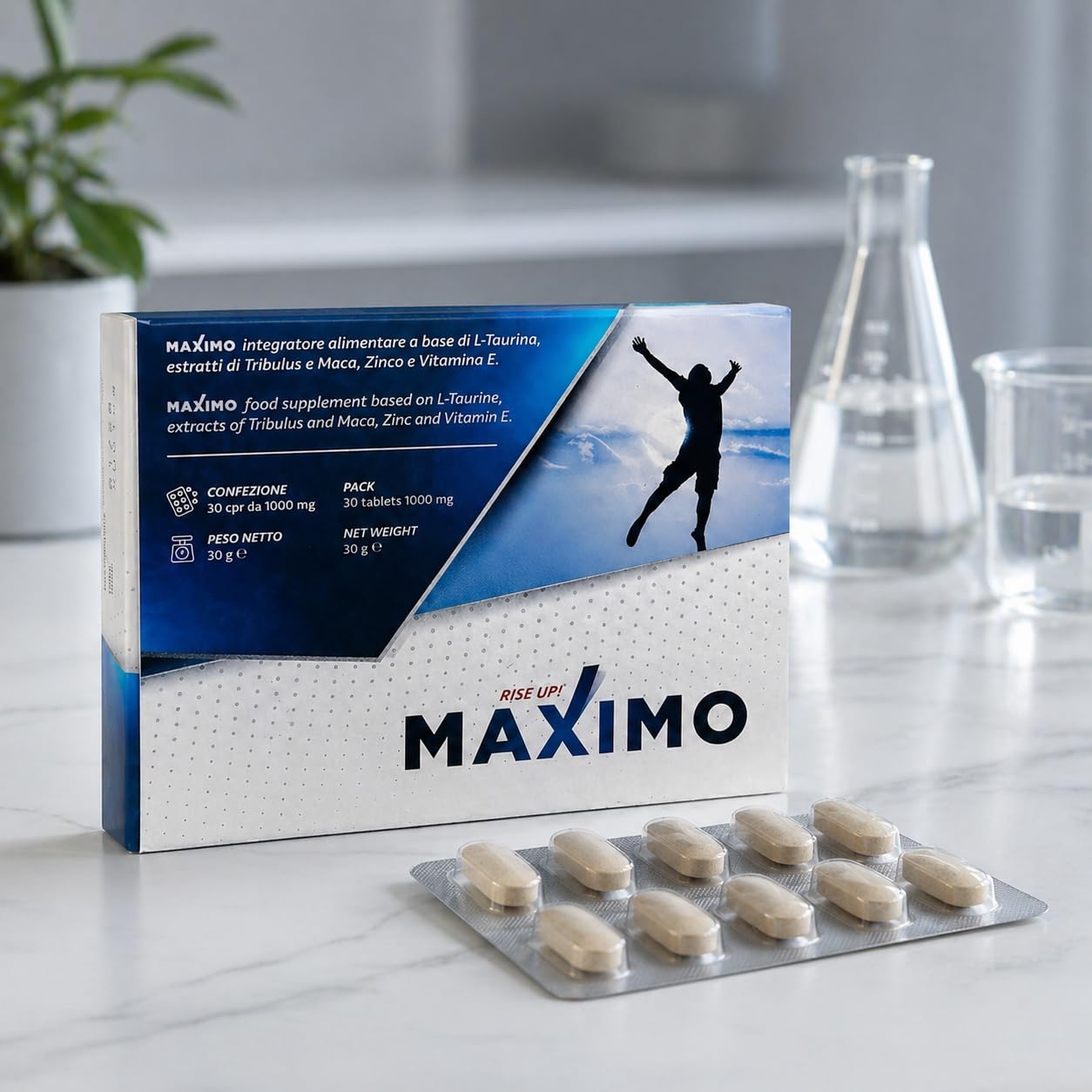 MAXIMO RiseUp Integratore Energia e Vitalità | Maca, Taurina, Zinco e Vitamina E | Supporto al Metabolismo Energetico | 30 Compresse Senza Glutine e Lattosio