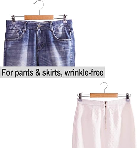 Miniatura 9 de Elong Home - Perchas de madera para pantalones, 12 unidades, con clips ajustables, perchas de madera antideslizantes con clips, ahorro de espacio