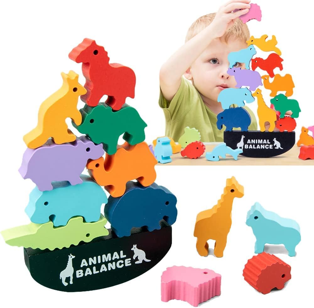 SHINETOY Wooden Animal Stacking Balance Game | Montessori Educational Toy for Kids | Early Learning Wooden Blocks for Hand-Eye Coordination, Patience, Brain Development & Fun Gift for Boys Girls 1
