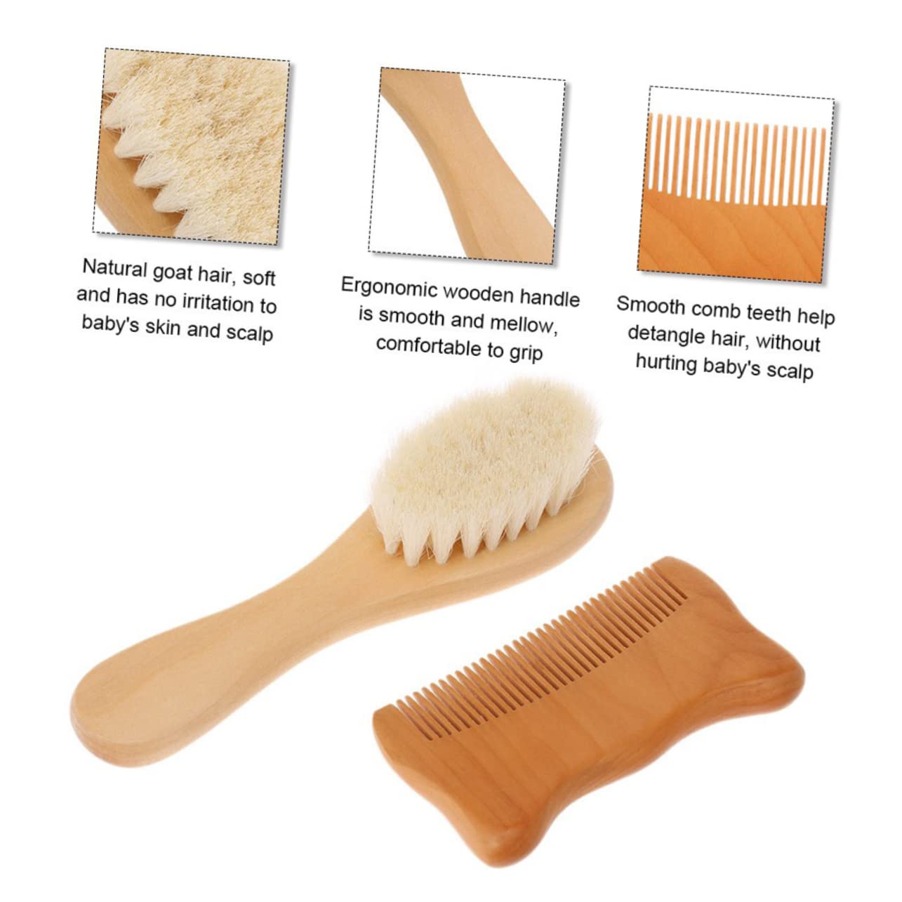 Happyyami 2-piece Baby Brush and Comb Set Gentle Scalp Brush for Newborns Wooden Comb Natural Material Easy Use