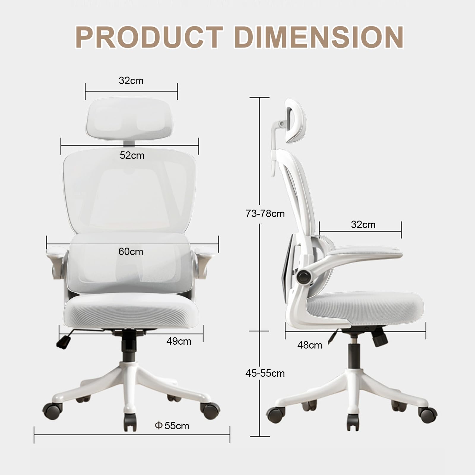 Sedia da Ufficio Ergonomica - Bianco | Sedia da Scrivania Regolabile con Schienale Alto in Rete,Supporto Lombare,Braccioli Ribaltabili | Per Ufficio Domestico,Gaming,Studio