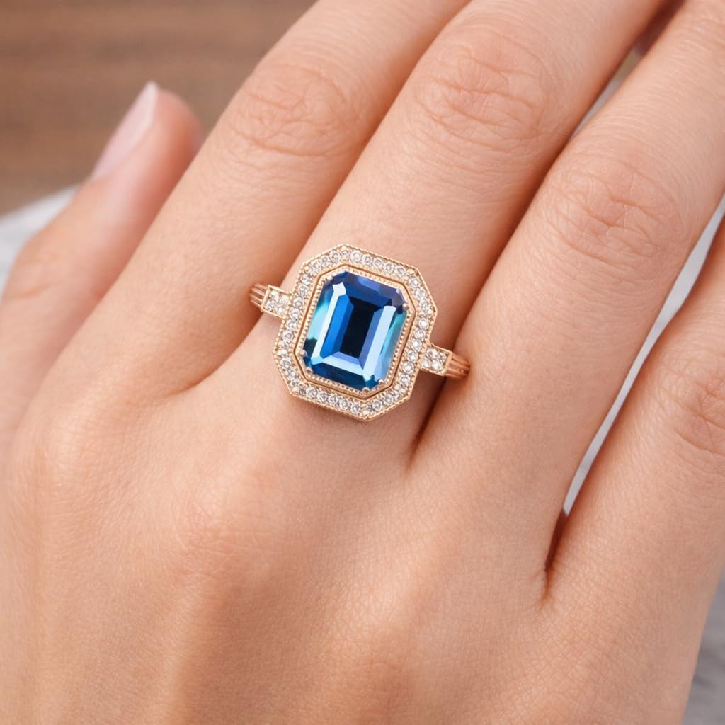 Emerald Cut Blue Topaz Engagement Ring for Women 18K Rose Gold Diamond Halo Art Deco Personalized Bridal Jewelry Gift for Wife