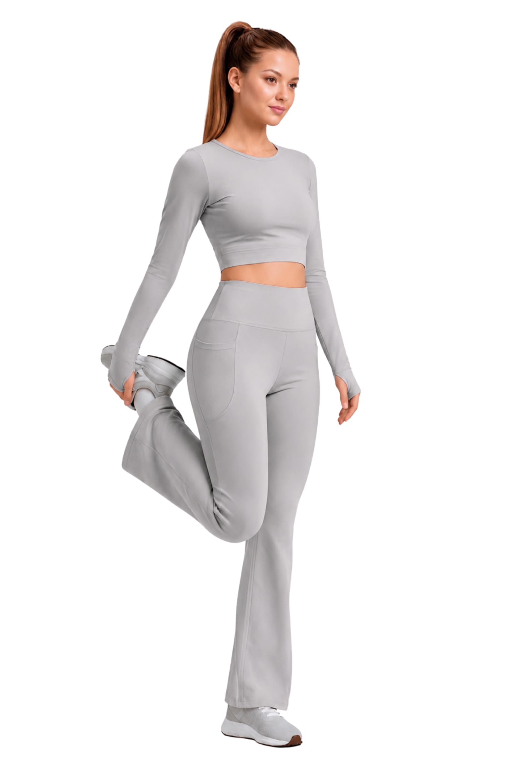 poojaran saree Women’s 2 Piece Yoga Set – Long Sleeve Crop Top & High Waisted Bell Bottom Leggings with Pockets | Thumb Hole Sleeve Stretchy Workout Outfit for Gym, Running Wear Sportswear-picture-30