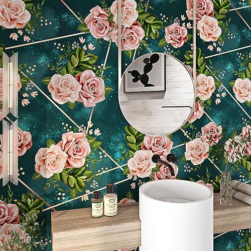 FunStick 17.5'x354' Dark Teal Green Floral Peel and Stick Wallpaper Boho Rose Wallpaper Removable Adhesive Pink Flower Wall Mural Contact Paper for Cabinets Girls Bedroom Drawers