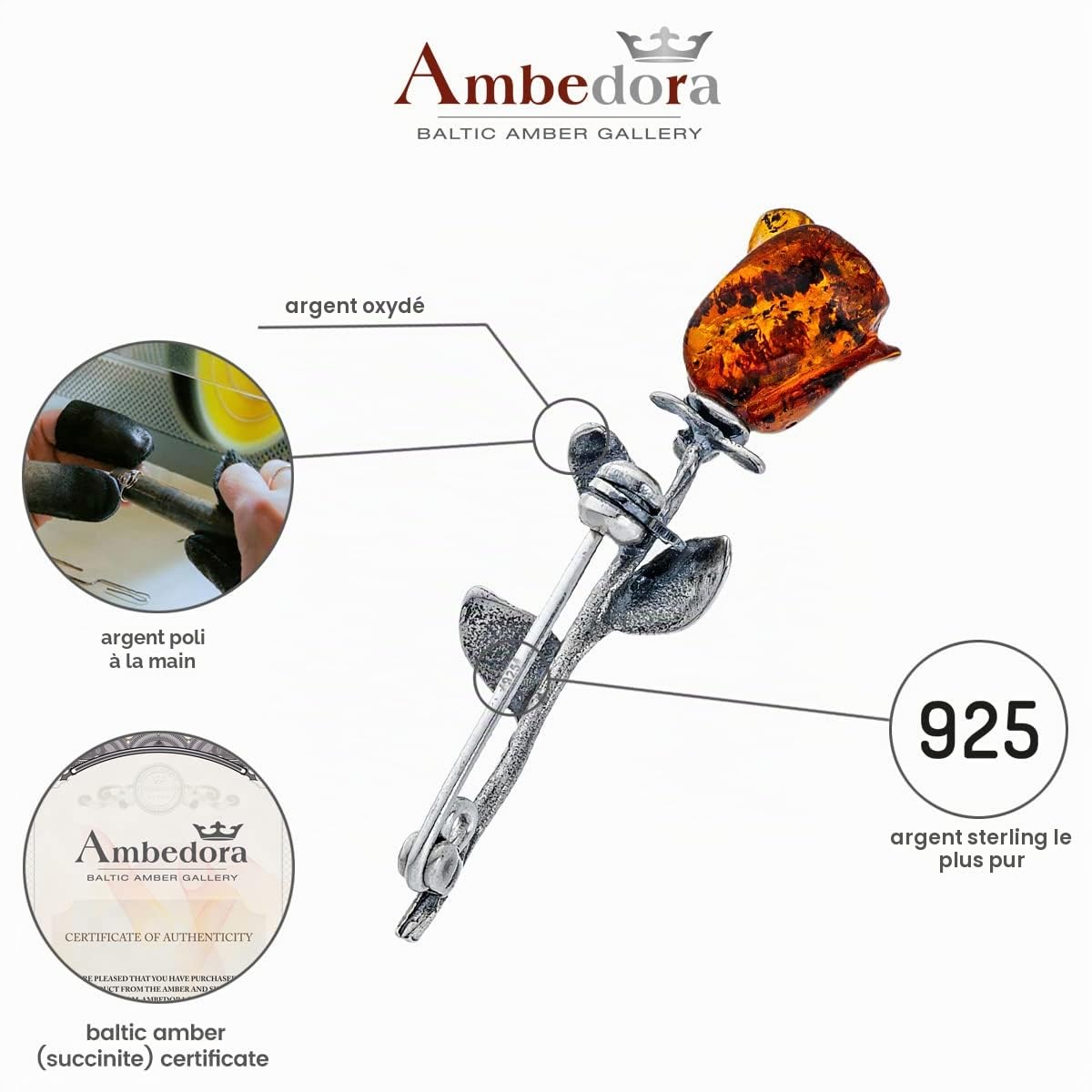 Broche pour femme en argent 925 oxydé, ambre Röslein sculptée à la main, petite broche en argent avec rose ambre de couleur cognac 2 g