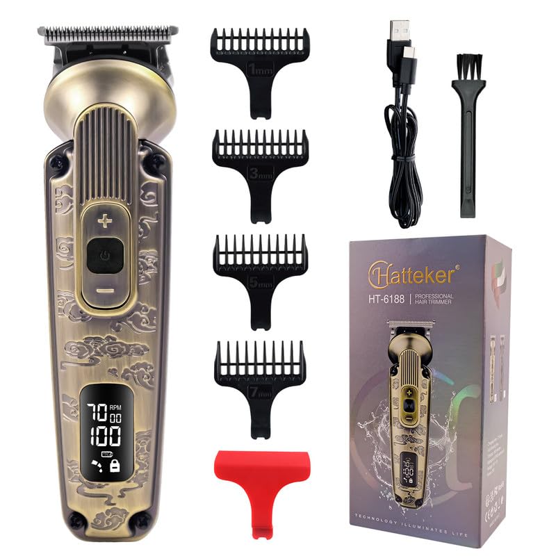 Hatteker Men Ht-6188 Premium Metal Body 0 Gapped T-Blade Outlining For Barbers 0Mm Shape Up 3 Speed Motor 6000-7000Rpm Ipx6 Waterproof Usb Type-C Charging Led Display Travel Lock, Gold-image-31