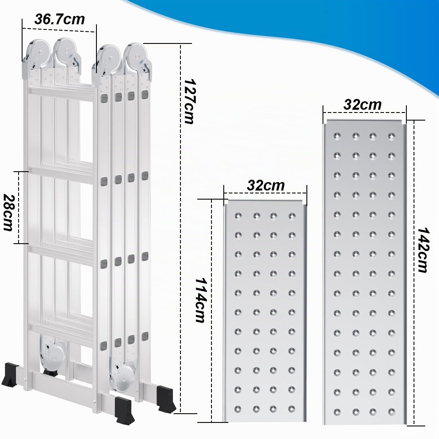Scala Multiuso in Alluminio 4,7 m - 4 x 4 Gradini Con Piattaforma e 2 Ponteggi - Pieghevole, 16 Gradini, Fino a 150 kg, Argento