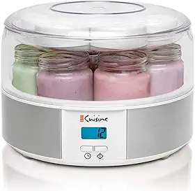 Euro Cuisine Máquina de iogurte - YMX650 automática máquina de iogurte digital com temperatura definida - Inclui frascos de vidro reutilizáveis de 198-170 g e 7 tampas de configuração de data giratória para armazenamento instantâneo