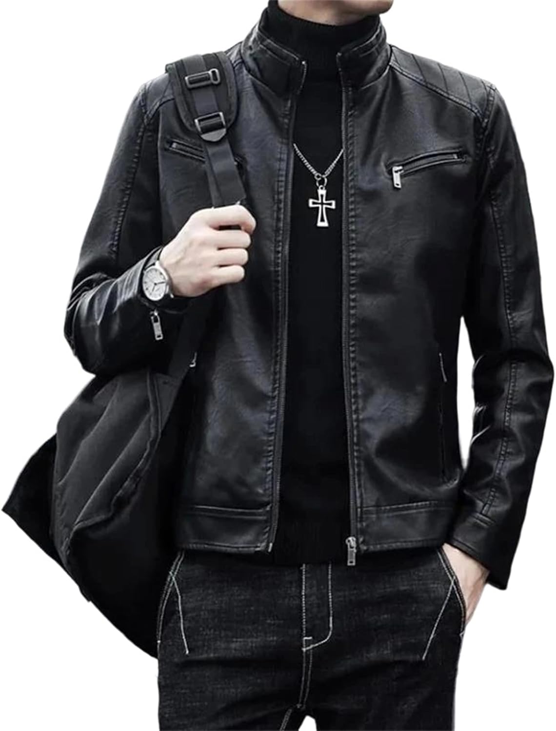 Men's Faux Leather Blazer Jacket Slim Fit Stand Collar Casual Business Coat With Pockets Motorcycle Jacket