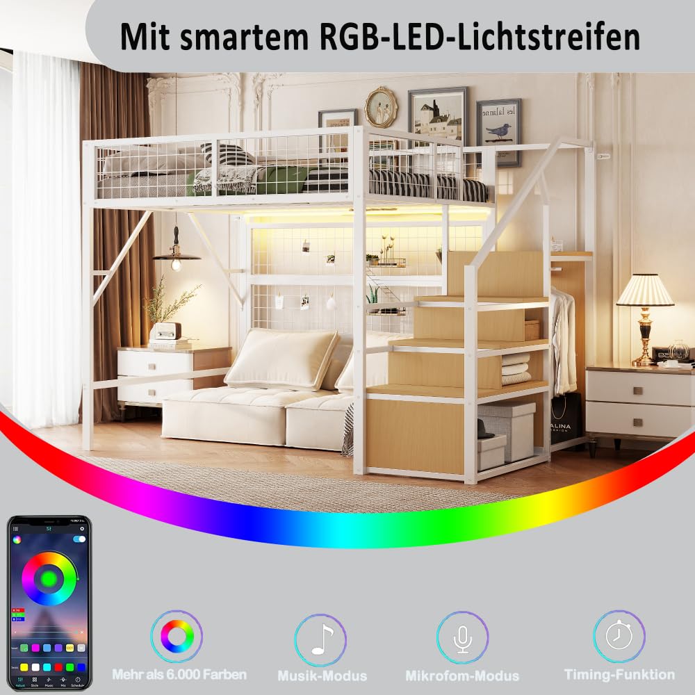I0I&I0I Cama de metal de hierro para niños y jóvenes con tiras de luz LED, escalera con espacio de almacenamiento, armario abierto, color negro, versátil 193 (blanco + metal + 140 cm x 200 cm)