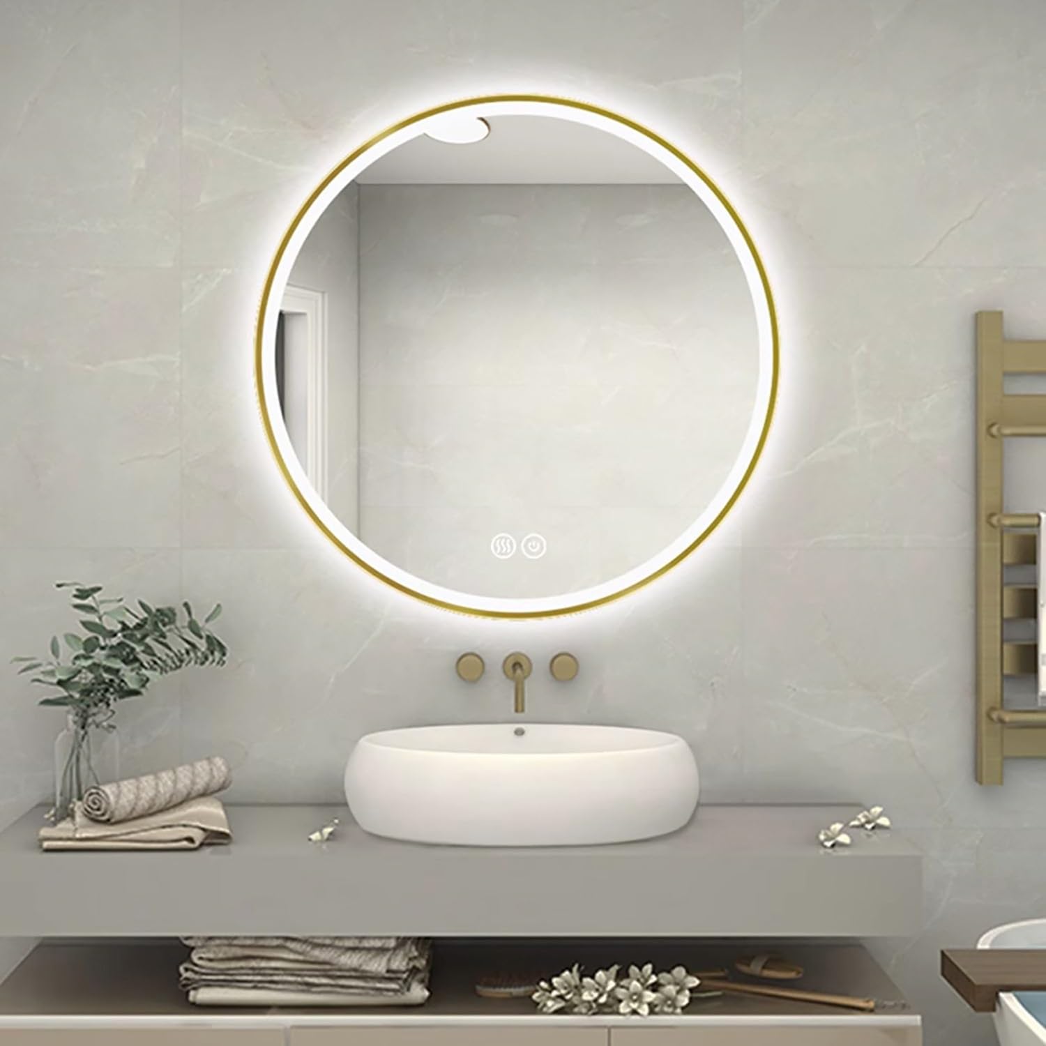 Miroir LED de salle de bain 80 cm rond or pour maquillage sans buée