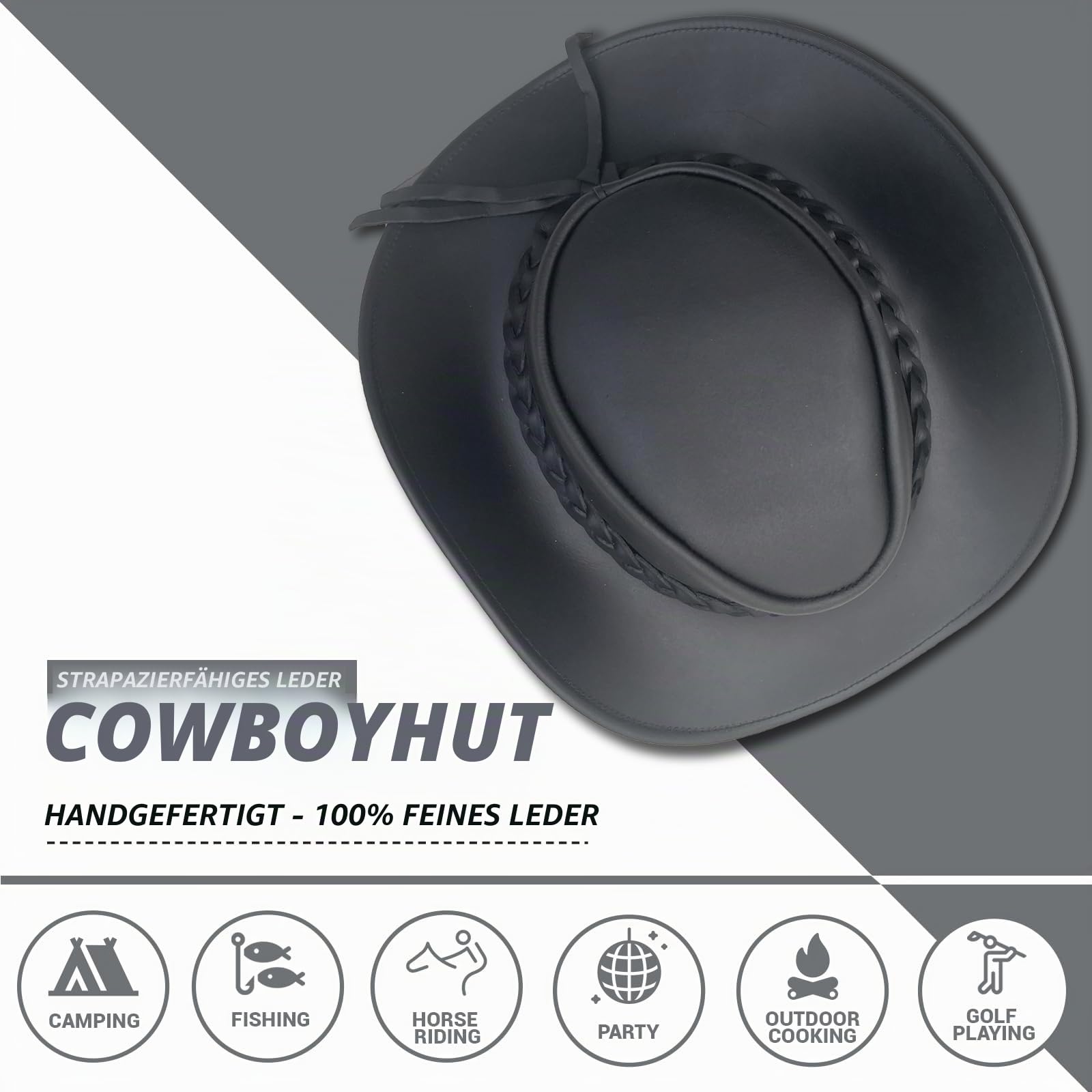 Pamposh Cowboyhut aus Leder für Herren, handgefertigt, formbar, breite Krempe, langlebig, Cowgirl-Outback-Hut