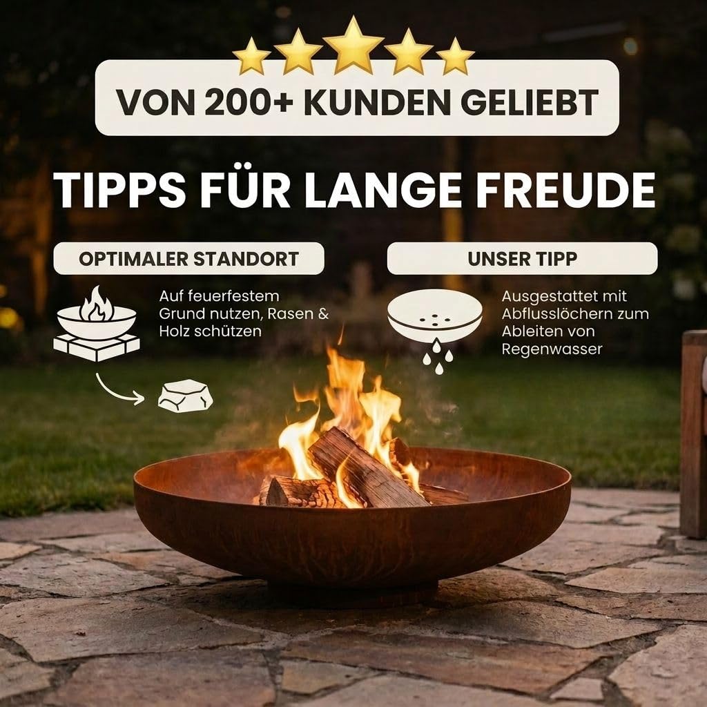 BonFeu BonBowl Feuerschale 80 cm - Feuerschalen für den Garten - Feuerstelle Outdoor - Feuerschale mit Opt. Grillrost aus hochwertigem Cortenstahl - Feuerkorb für den Garten - 80x80x21 cm