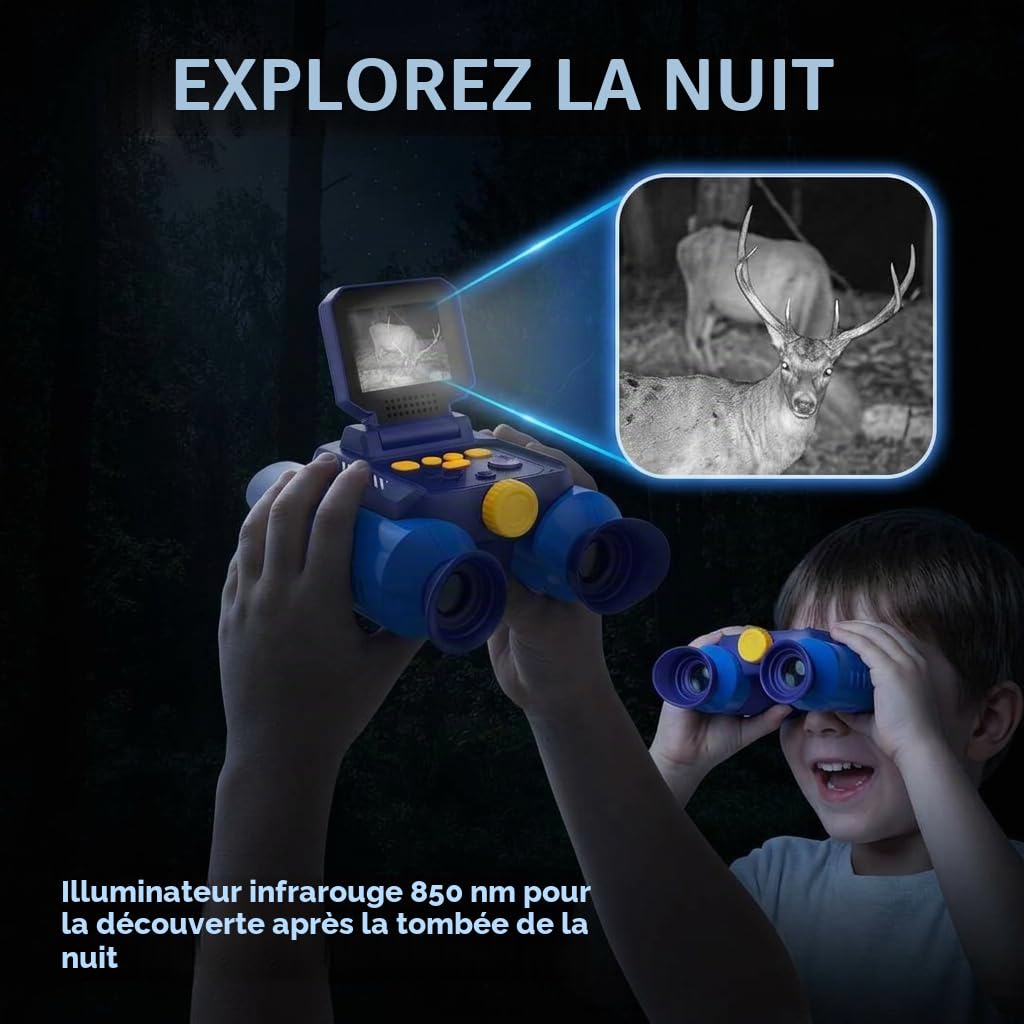 Jumelles Enfant Zoom Optique 10x Appareil Photo 48 MP Vidéo 1080P Vision Nocturne 25 m Bleu Foncé