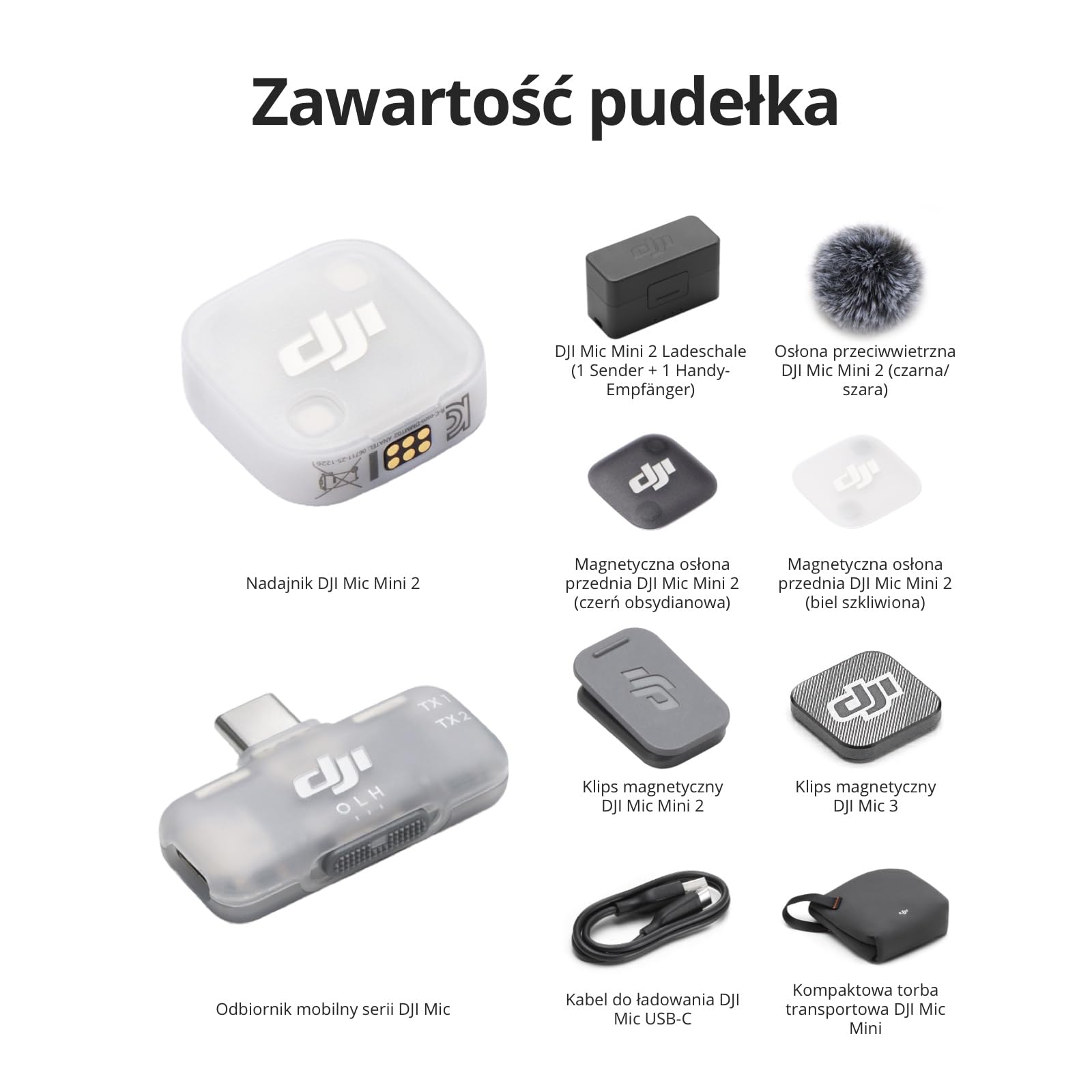 DJI Mic Mini 2 (2 TX + 1 standardowy RX + etui ładujące + 1 mobilny RX), bezprzewodowy mikrofon do iPhone 17/16/15, Android, kamer, tabletów, PC, zasięg 400m, wielokolorowa osłona magnetyczna