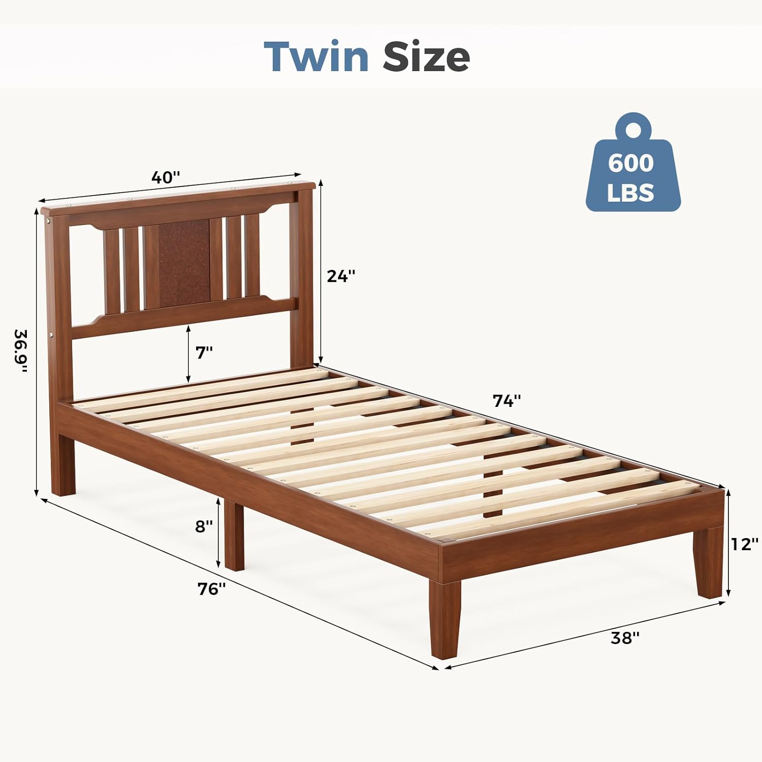 DUMOS Solid Wood Bed Frame with Headboard, Twin Size Platform Bed Frame, Sturdy Wood Slat Support, Heavy Duty Pine Wood Bed Frame for Bedroom, No Box Spring Needed