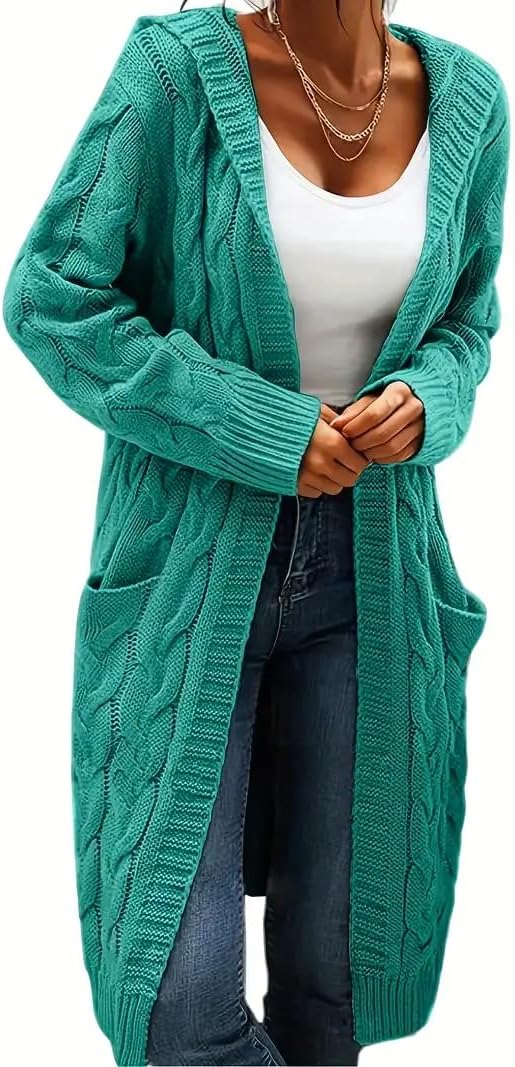 Women's Long Cable Knit Cardigan Sweater with Pockets, Open Front Have Cap