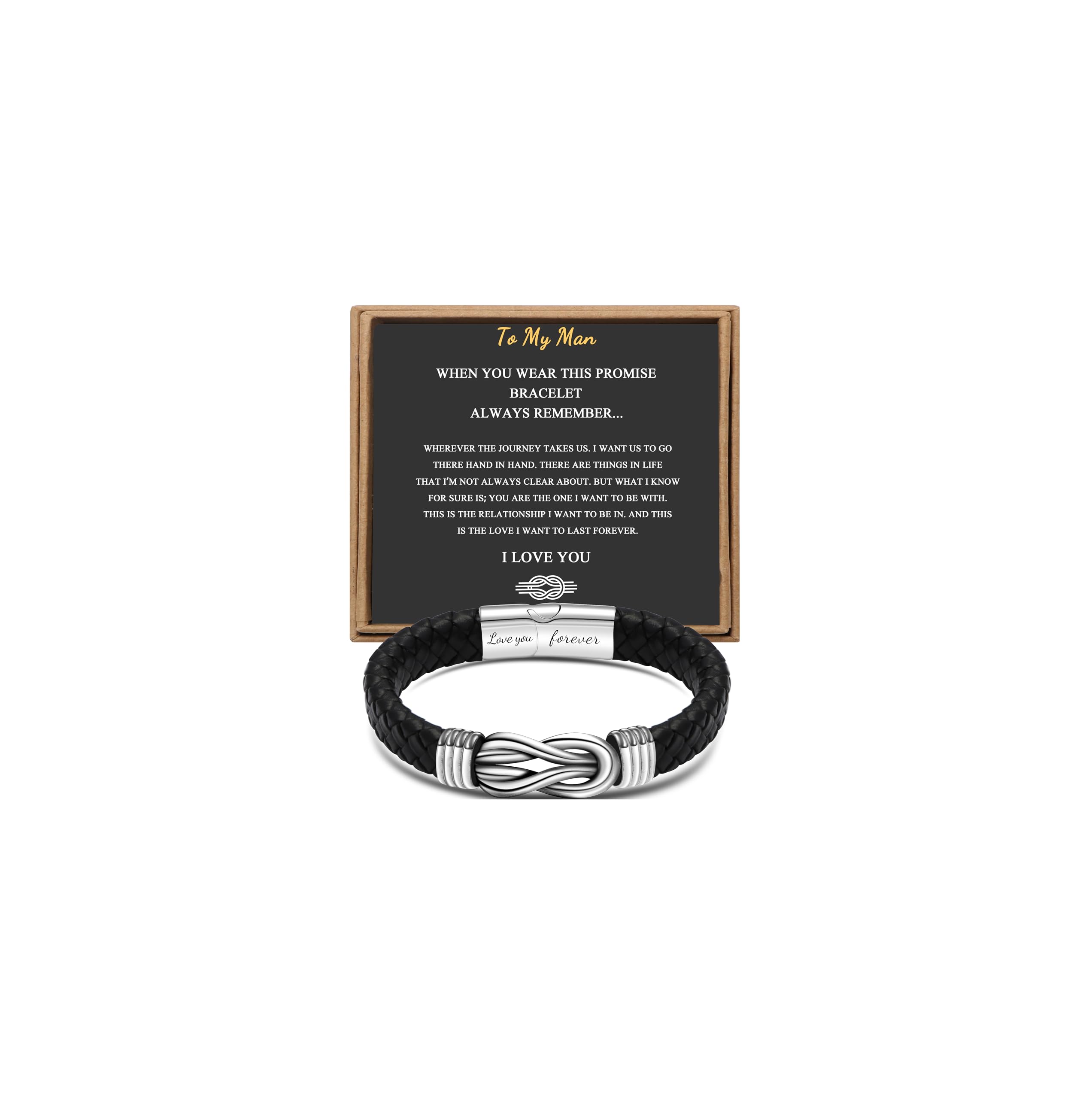Gift for Men Black Braided Leather Infinity Bracelet for Men Dad Husband Boyfriend Son Grandson Brother Nephew Uncle Forever Linked Together Stainless Steel Engraved with Love You Forever Jewelry 7.5|8.5|9 Inches