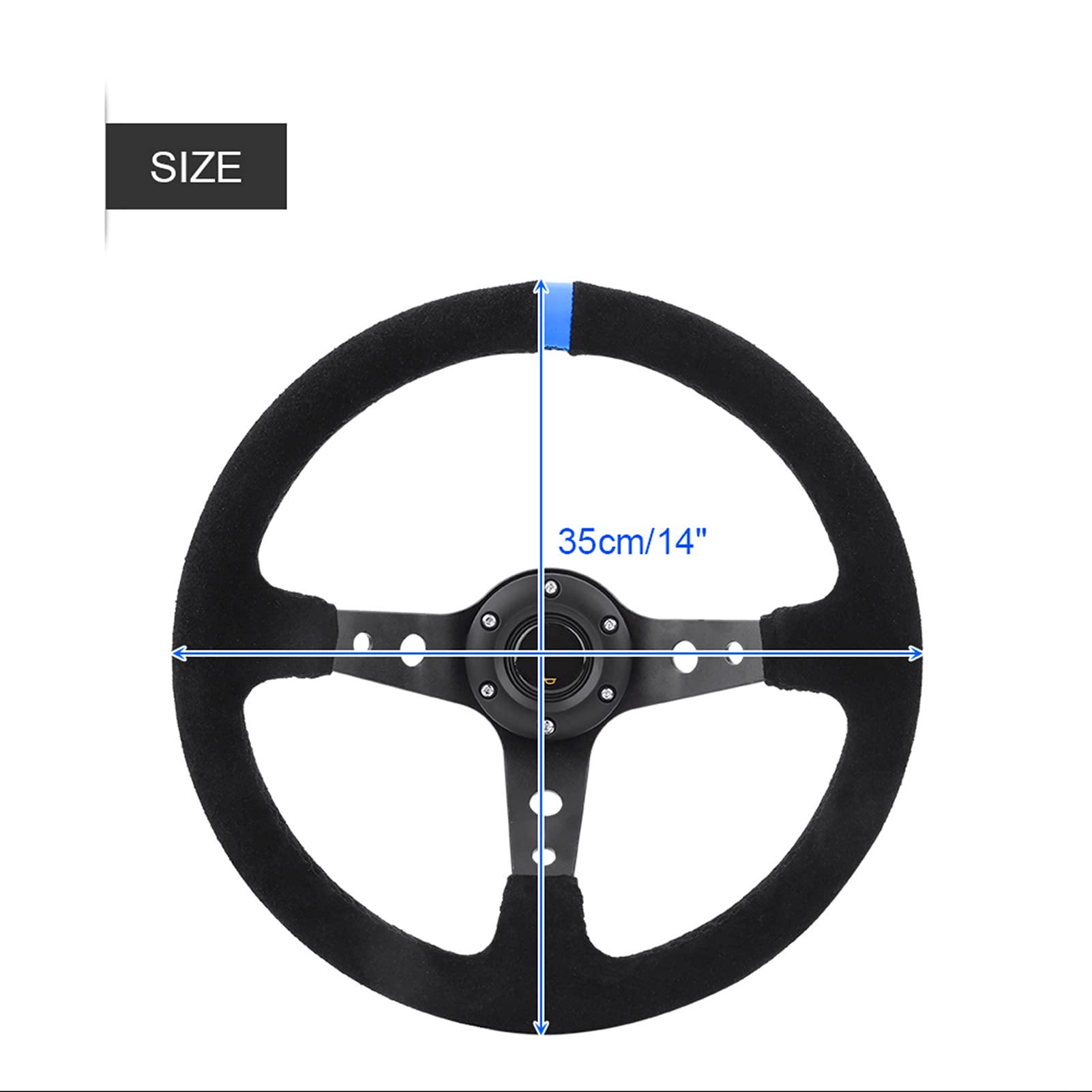 35 cm 14 pouces Volant de course pour voiture à 6 trous avec klaxon, jaune (Bleu)