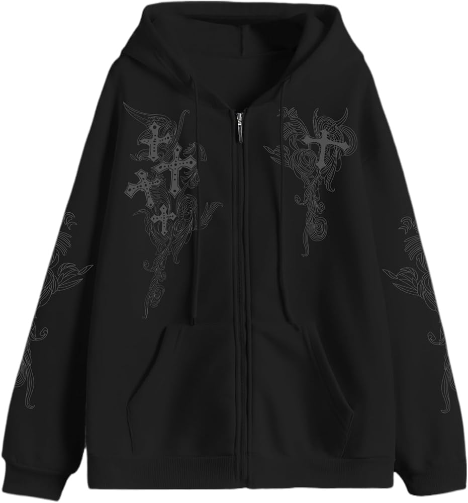 Kelxjia Zip Up Hoodies Y2k Jacket Graphic Gothic Jackets Grunge