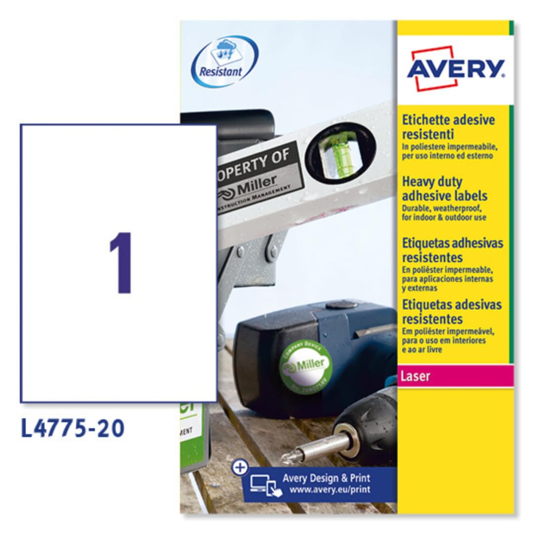Avery España L4775-20 Etiquetas adhesivas en poliéster blanco resistente, 20 hojas A4, rectangulares 210x297mm, 1 etiqueta por hoja, adhesivo permanente, impresoras láser