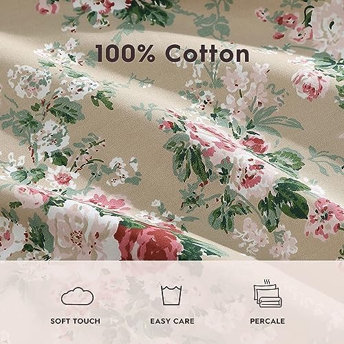 Image of Laura Ashley - Full Size Sheet Set, Crisp & Lightweight Cotton Percale Bedding with Fitted Sheet and Pillowcases, Floral Room Decor, Deep Pocket, College Dorm Room Essentials (Ashfield Beige)