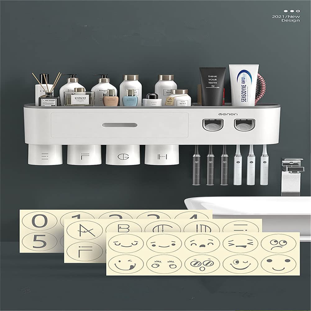 Kit de soporte de cepillo de dientes montado en la pared con doble dispensador automático de pasta de dientes para baño y inodoro, soporte de cepillo de dientes de ducha con taza (gris)