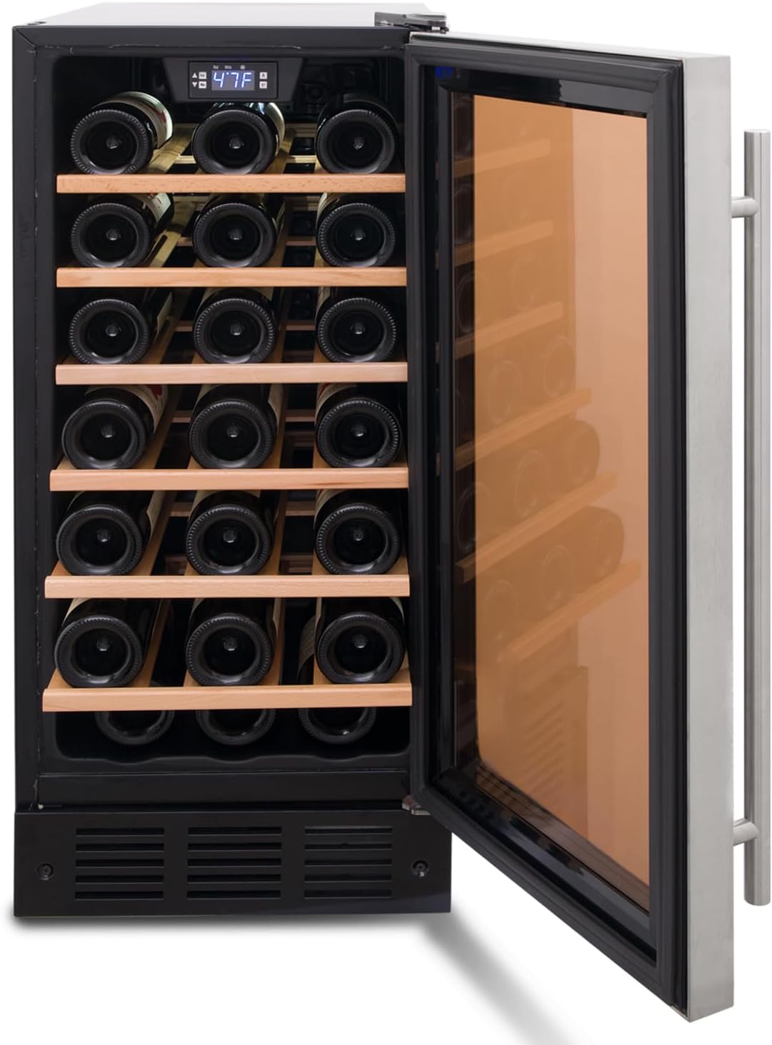 Under Counter Wine Cooler 15 Inch Wide, 33 Bottle Wine Fridge Refrigerator Built In/Freestanding, Under Cabinet Glass Door Stainless Steel Black Wine and Beverage Cellar For Home Bar With LED