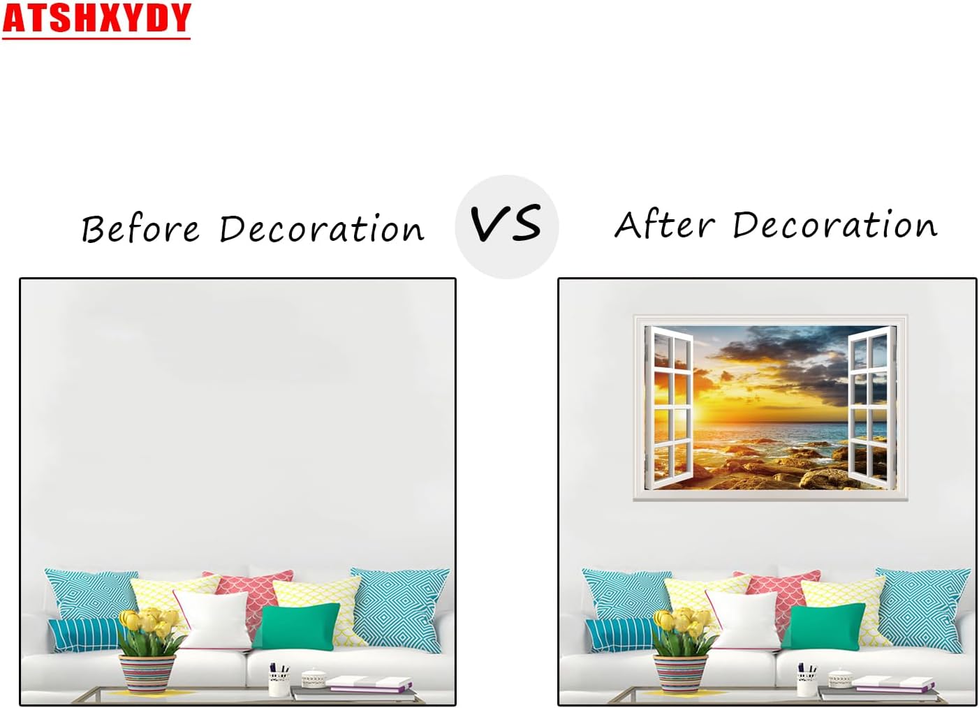 Fake Window Wall Sticker Sunset Beach Faux Window Sea Decals Poster Picture Open Window Office Wall Art Room Decor, Stick and Peel Wallpaper Nature Scenery Scene Mural (48"x 32"Set of 2 Sheets)