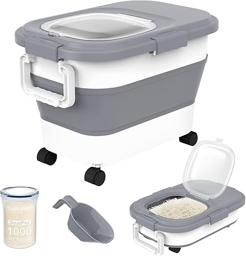 Miniatura 1 de HOYTAMDA - Recipiente de arroz de 20 a 30 libras, contenedores herméticos plegables para almacenamiento de alimentos con ruedas, asa, contenedor de