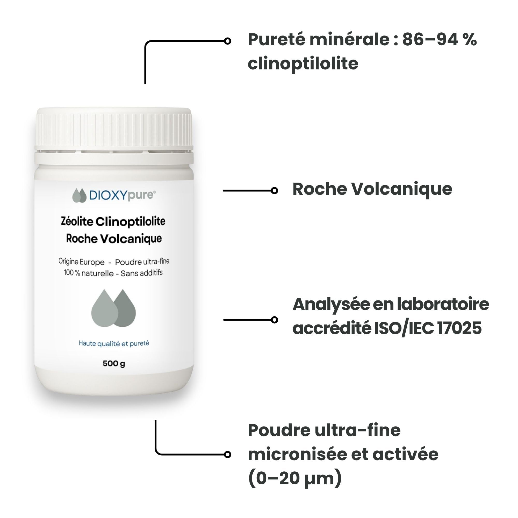 Zéolite - Roche volcanique pure et 100% naturelle - Pureté ≃94% en Clinoptilolite - Origine EU - Poudre ultra-fine - Sans additifs - testée et contrôlée en Allemagne (250 g)