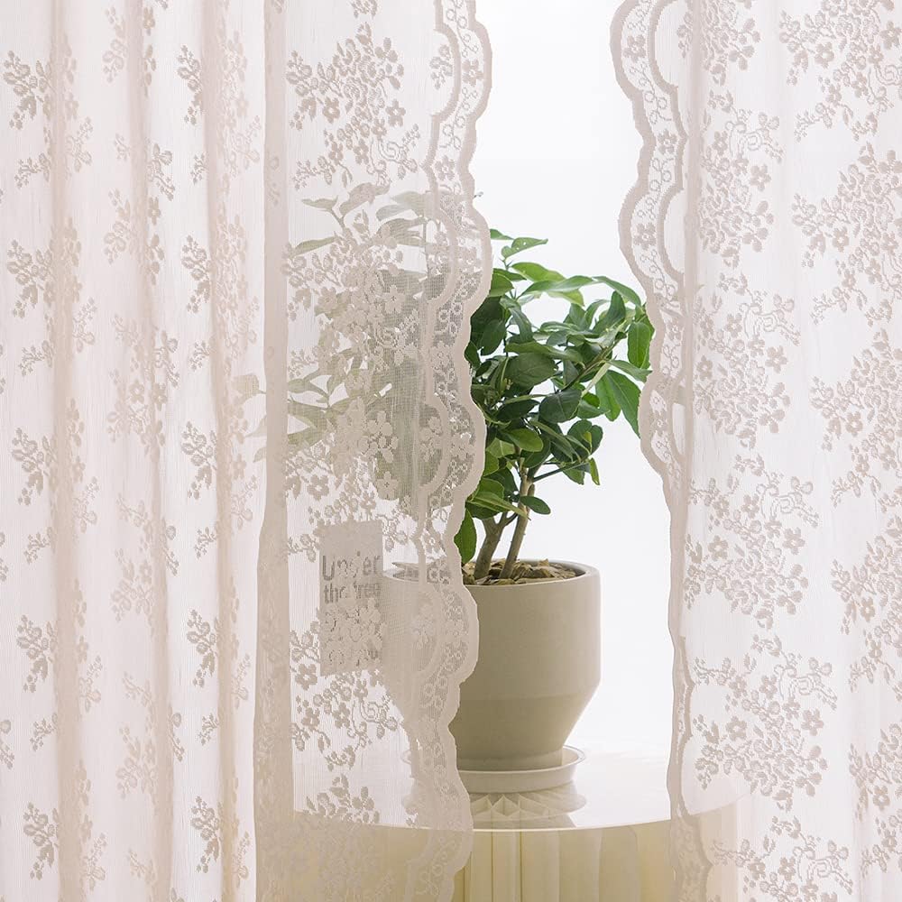 YJ YANJUN Vintage Lace Curtains 54 Inches Long-Victorian Floral Dusty Pink Sheer Curtain Panels for Living Room Bedroom Dining Room, Light Filtering, Shabby Chic Girls Drapes 2 Panels 52W x 54L