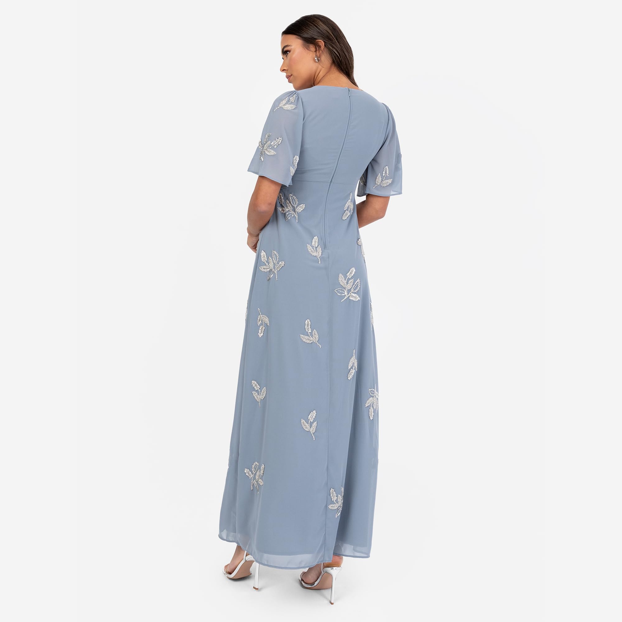 Women's Maxi Dress Ladies V-Neck Angel Sleeve Floral Bead Embellished Knot Front A-Line Bridesmaid Wedding Guest Prom