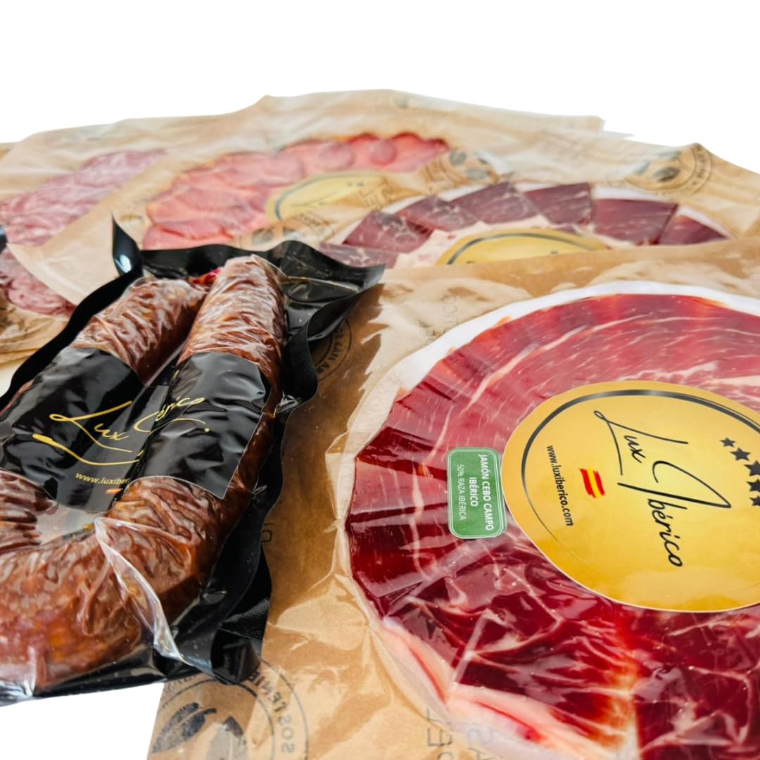 Lux Ibérico | Sabores de España | Caja Regalo Gourmet con Jamón, Lomo, Chorizo y Salchichón Ibérico Loncheado, Morcilla Patatera y Embutido Herradura | Regalo Gourmet
