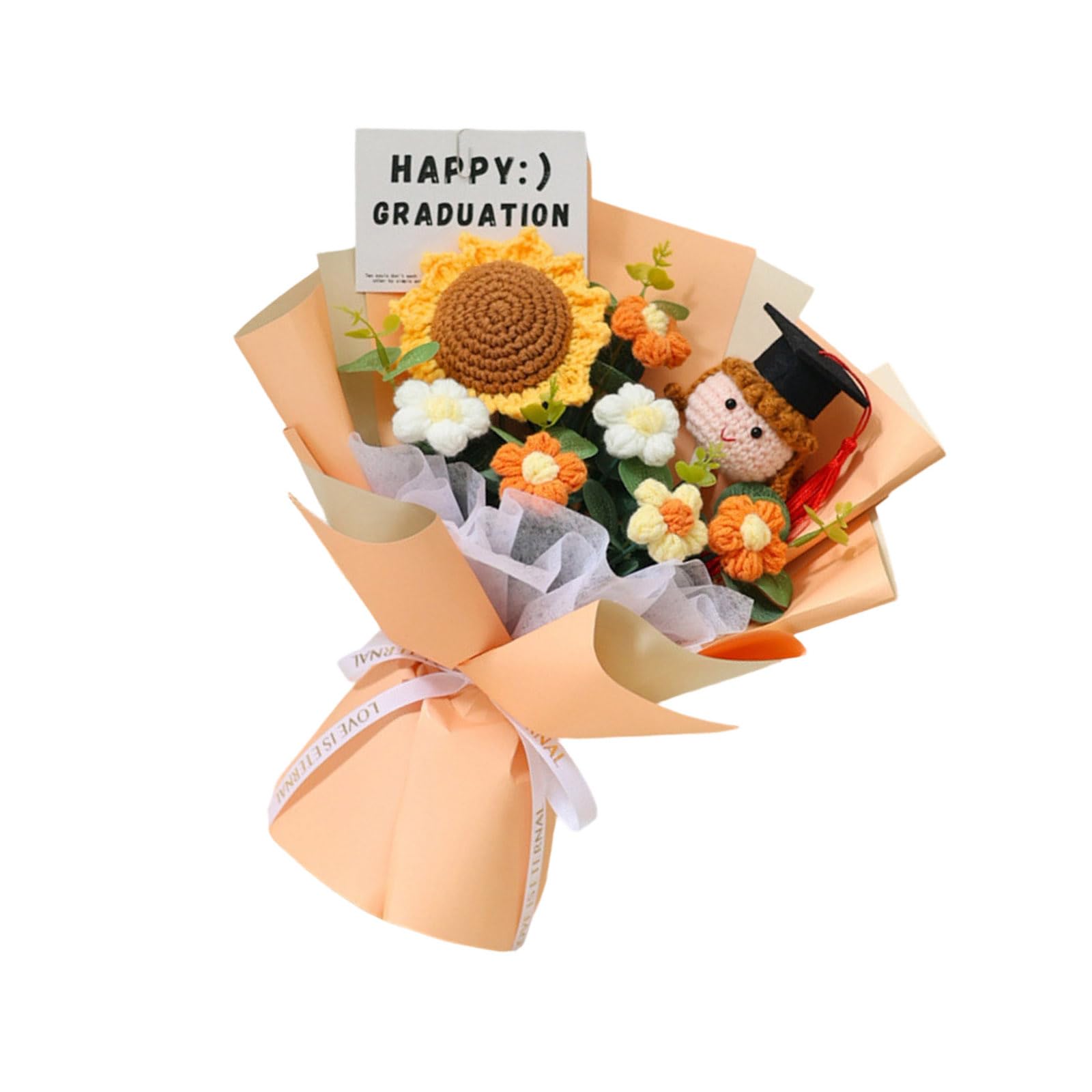 Piceioep Unique Crochet Sunflowers Bouquets Oranges Blue Color for Graduations Celebration Blossomy Decors Permanent Graduation Gift