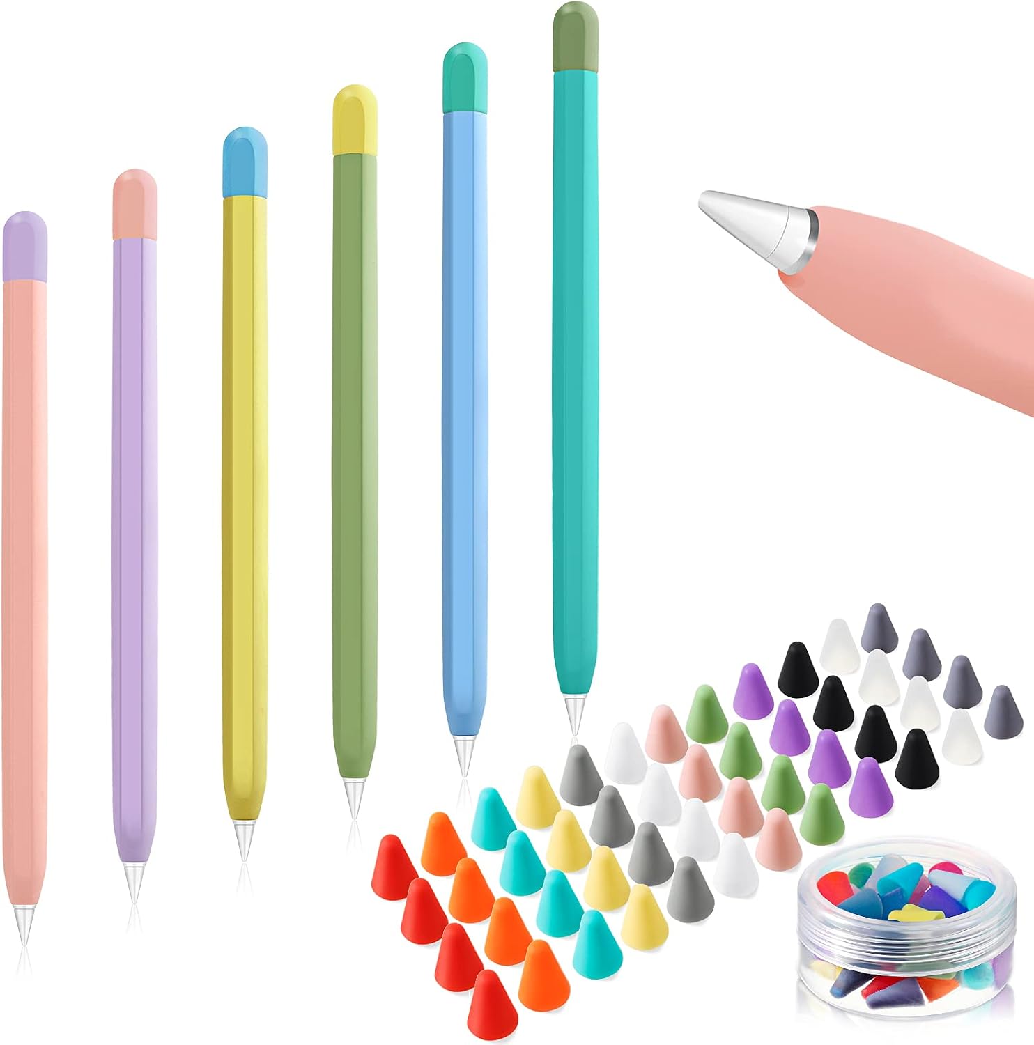6 Pieces Silicone Case Cover Compatible with Apple Pencil 2nd Generation, 6 Colors Pencil Cover Sleeve Pen Thin Case and 48 Pieces Silicone Nib Cover (Chic Colors)