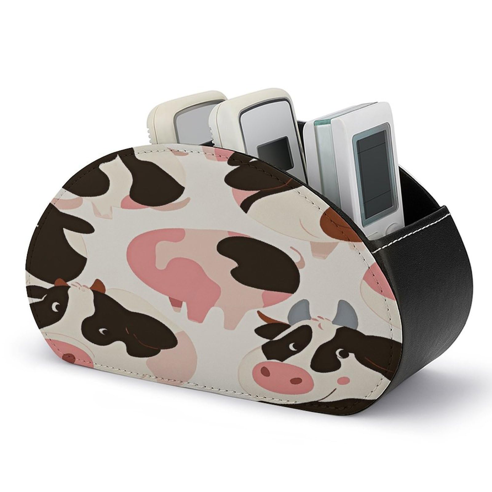 FekiLoot Cow Pattern Remote Control Holder with 5 Compartments Multi-functional TV Remote Caddy Organizer Leather TV Remote Holder Desktop Organizer Store for Bedside Table Office Desk
