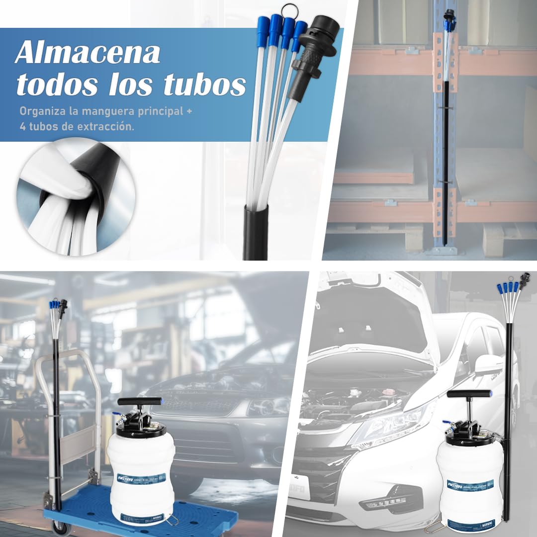 FIRSTINFO Extractor de Aceite Neumático/Manual 10,5L, Fabricado en Taiwán, con Manómetro, 5 Tubos de Aspiración, Sonda Ultrafina de 3,5 x 4,5 mm, A1107EUY5
