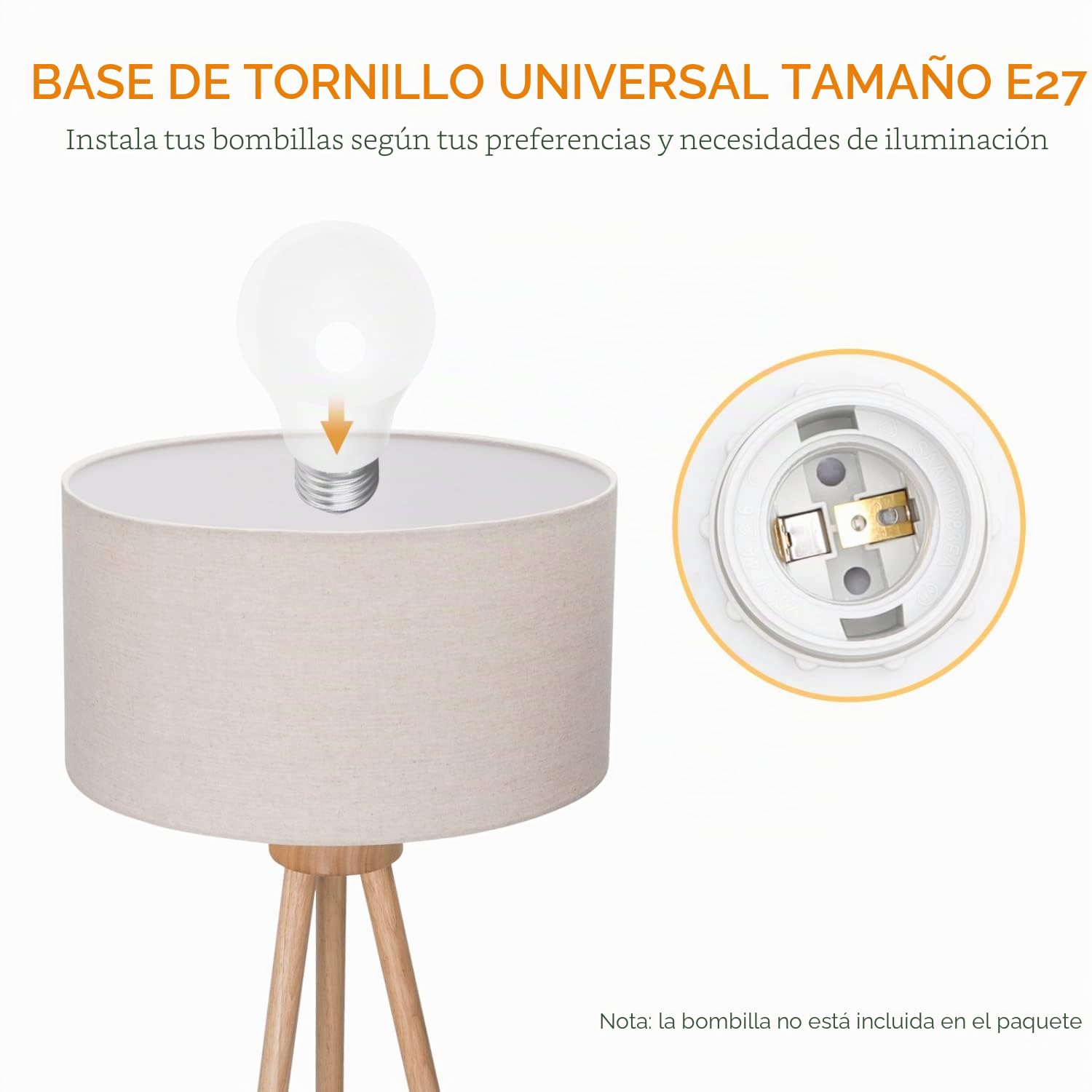 Aigostar Lampara de Pie Salon E27 Retro de Madera Trípode, 2pcs, Sin Bombilla (Max.60W), Pantalla de Lino e Interruptor de Pie, Cable 180 cm, Madera Maciza, Estilo Nórdico