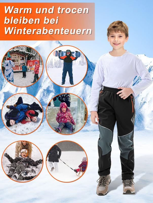 Pantalon de Ski de Neige pour Garçon Pantalon de Randonnée Coupe-Vent pour Enfant Pantalon Hiver Chaud Doublé de Laine Polaire
