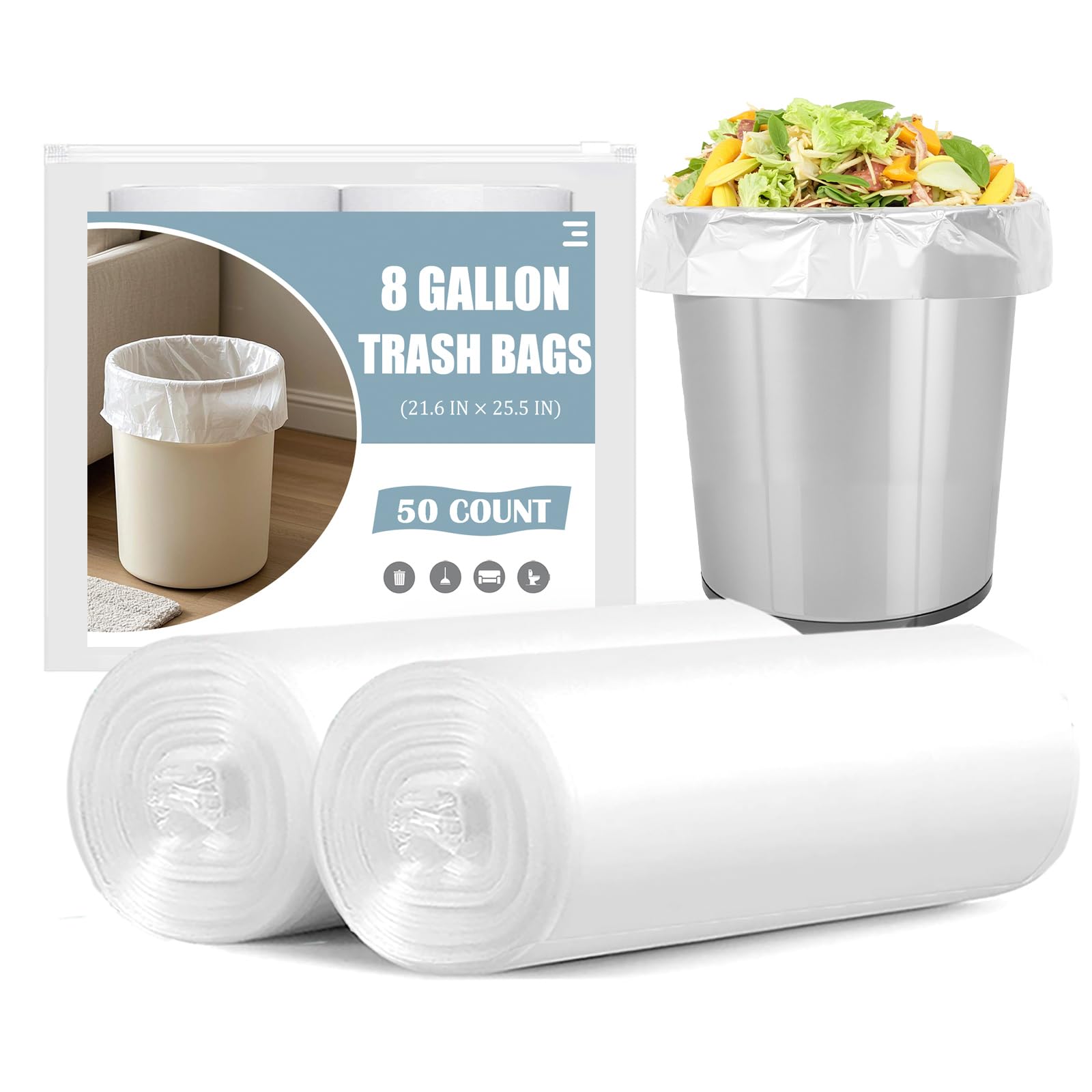 Bolsas de basura de 8 galones – 50 bolsas de basura medianas de 8 galones, bolsas de basura blancas sin perfume de 8 galones para oficina, dormitorio, baño, cocina