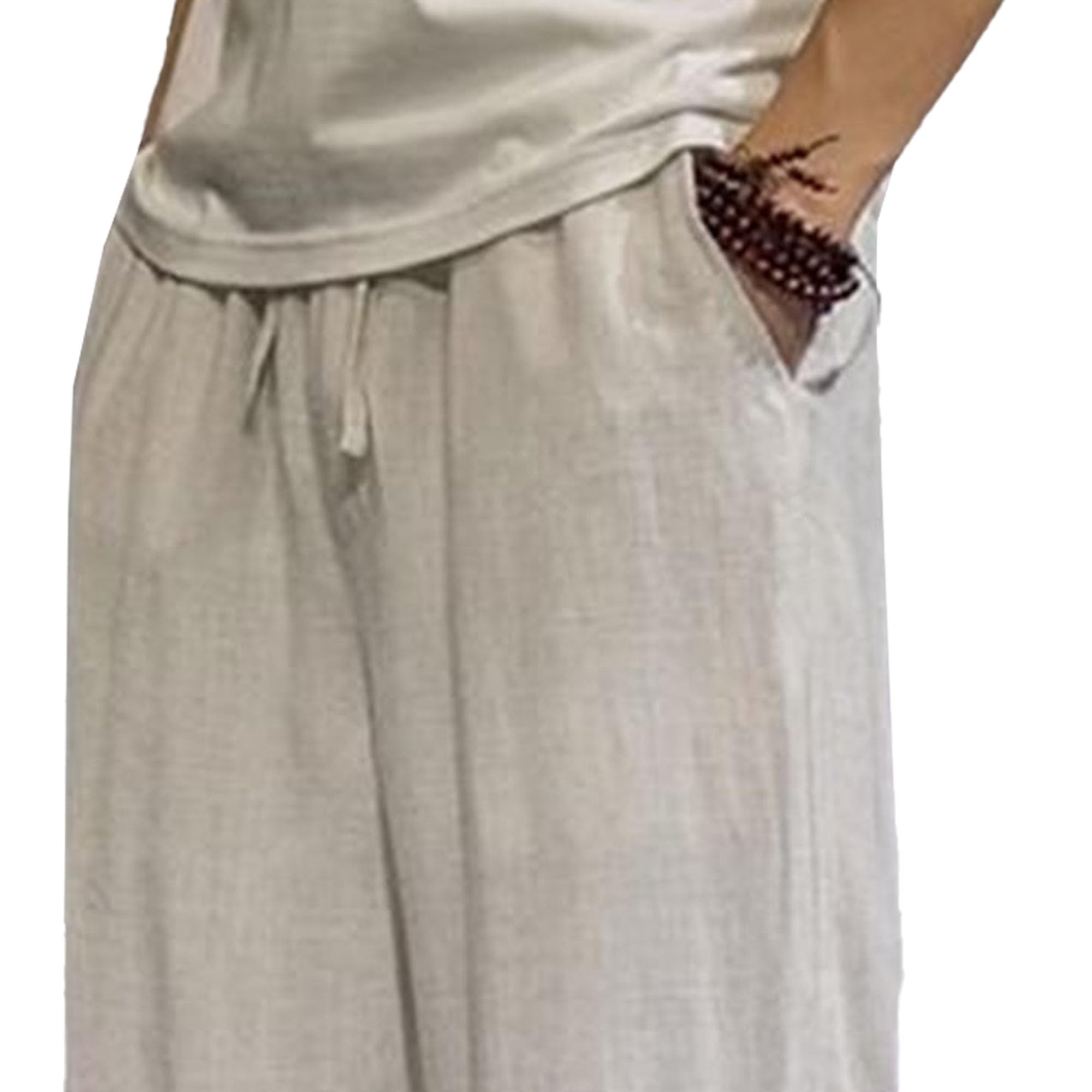 Qolkmuiy-GJ Men's Elastic Waisted Wide Leg Slack Lightweight Linen Casual Pants Summer Beach Trousers with Pockets (Beige,5X-Large)