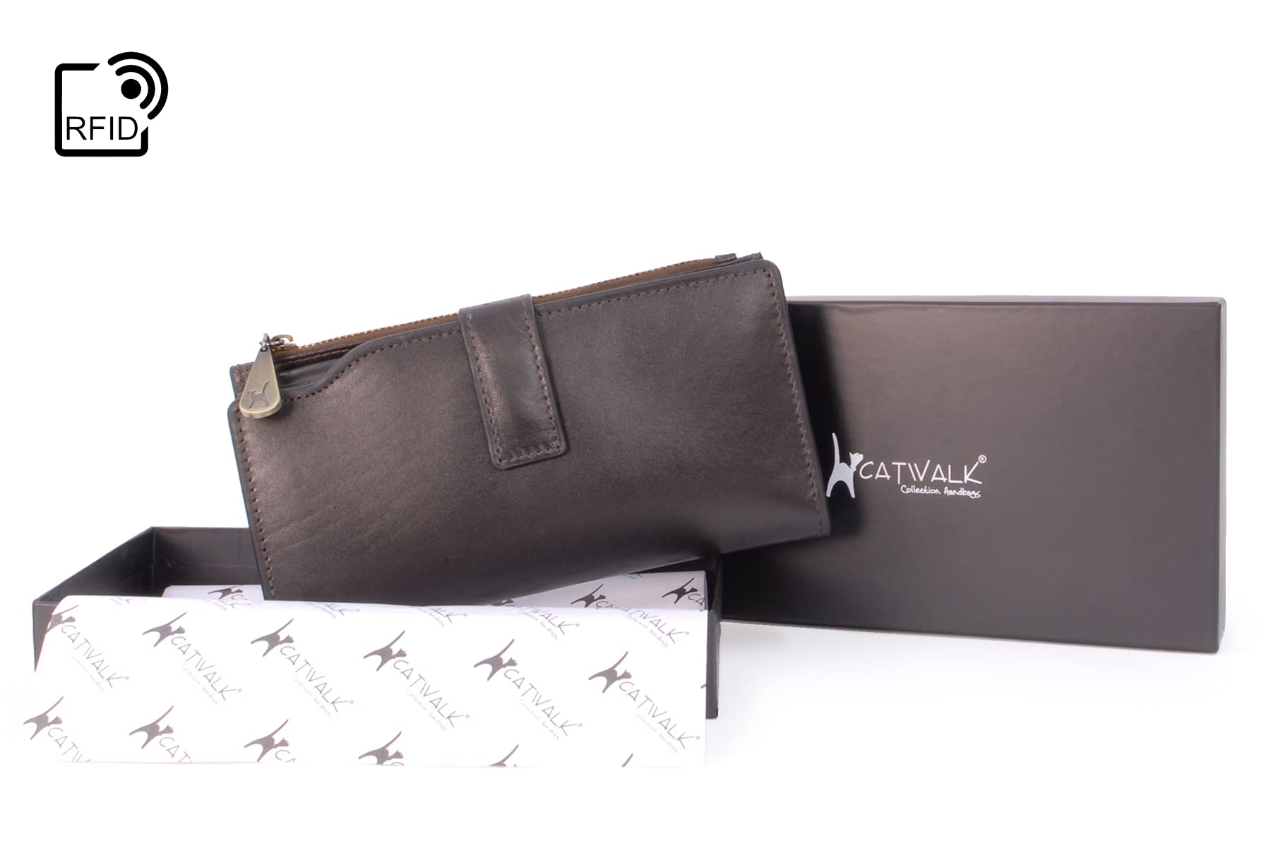 Catwalk Collection Handbags - Duża Damska Skórzana Portmonetka - Kieszenie na 20 Kart Kredytowych, Monety i Telefon - Ochrona RFID - Stella - Brązowy