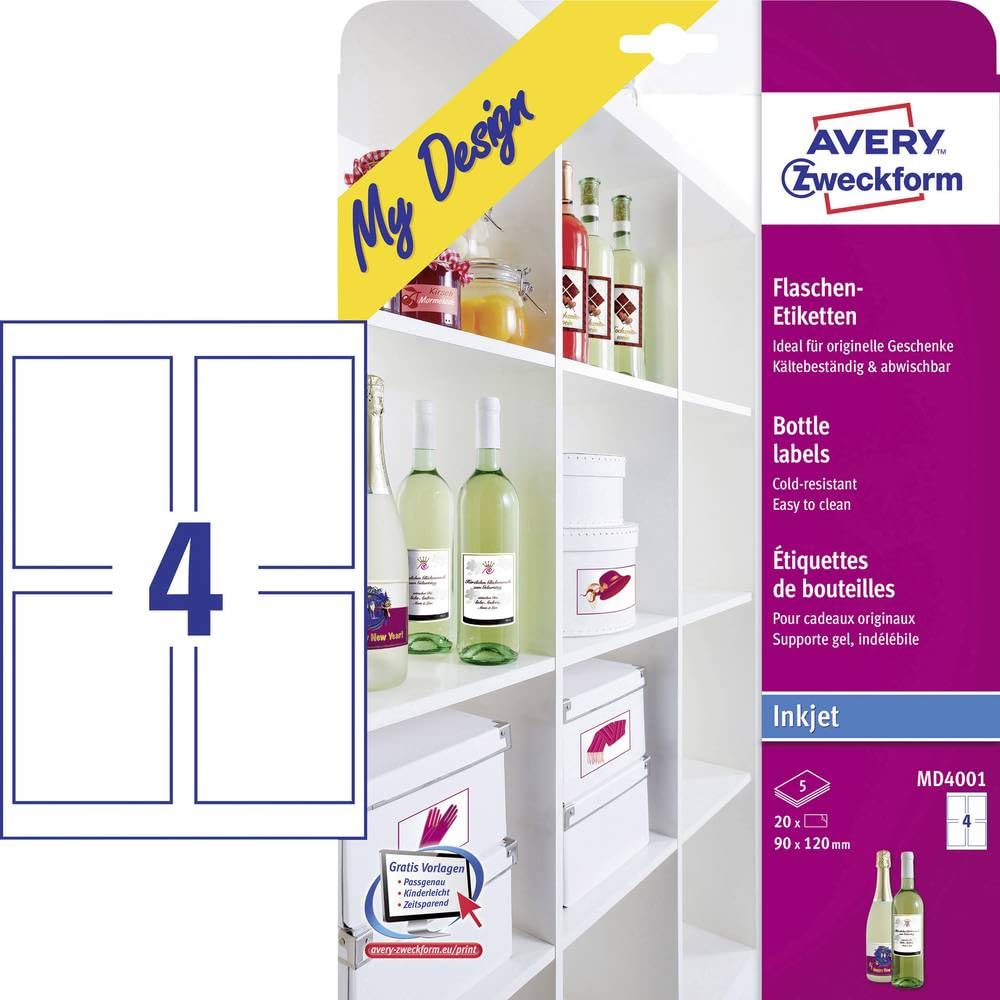 AVERY Zweckform MD4001 Flaschenetiketten – 120 x 90 mm, DIN A4, 20 Etiketten (5 Blätter), selbstklebend, Inkjet-kompatibel