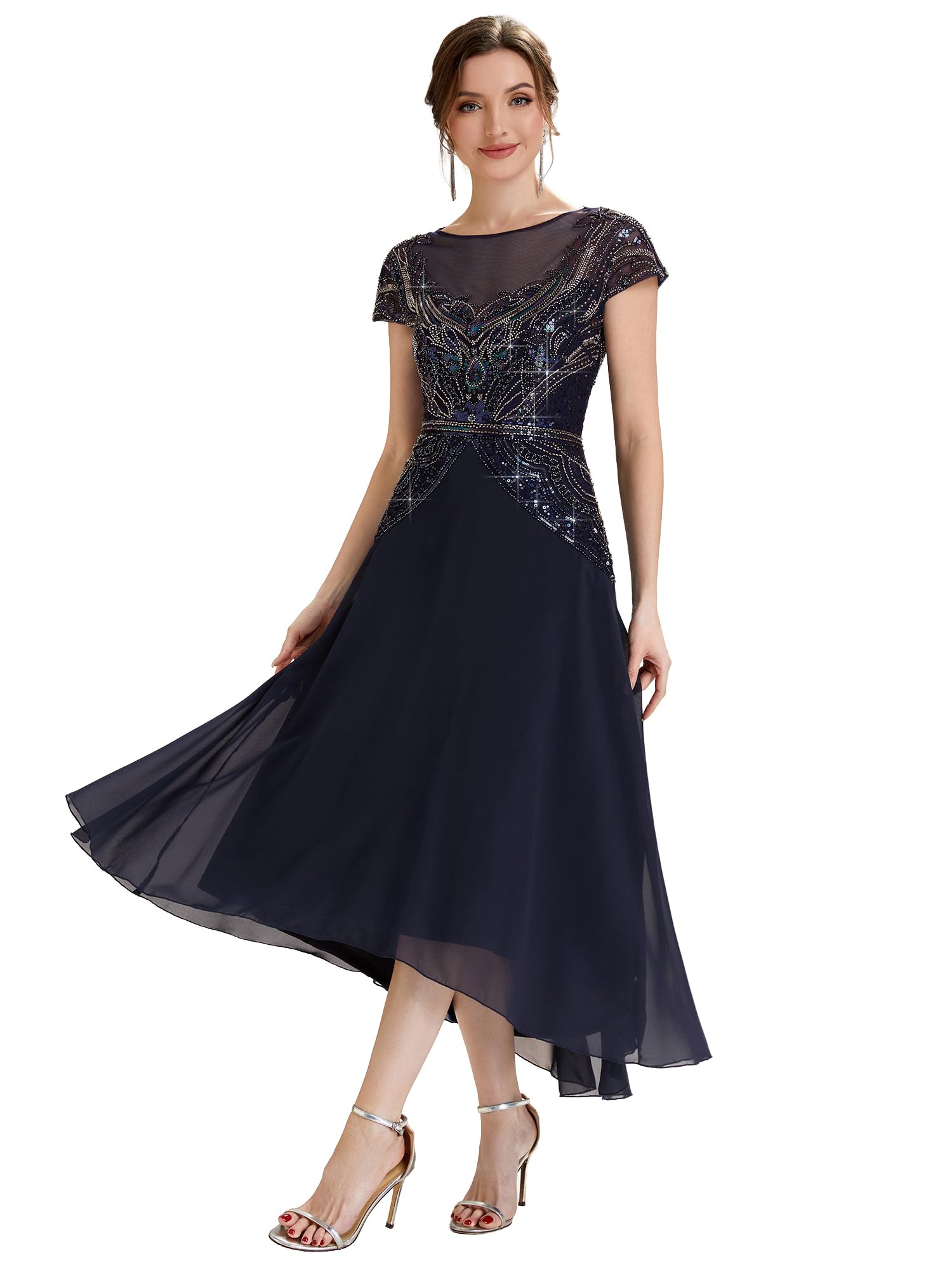 Ever-Pretty Vestito Donna Elegante Collo a Barchetta Maniche Corte Paillente High Low Gonna Svasata EG02682