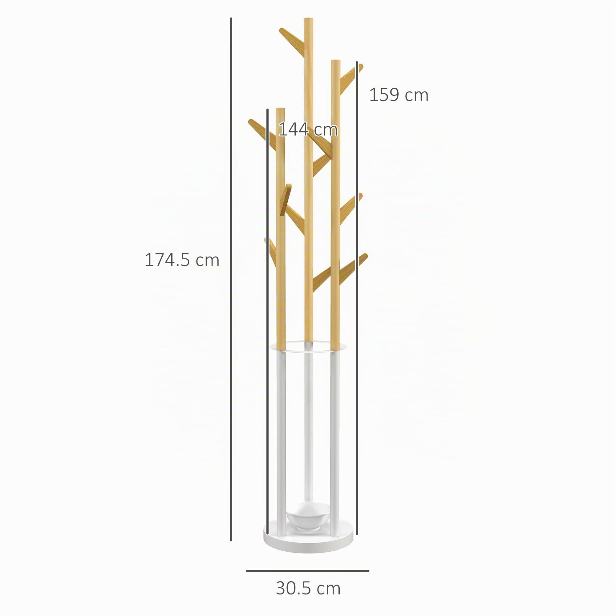 HOMCOM Appendiabiti da Terra di Design 30.5x30.5x174.5cm Legno e Bianco | Portaombrelli e 12 Ganci, Metallo e Bambù